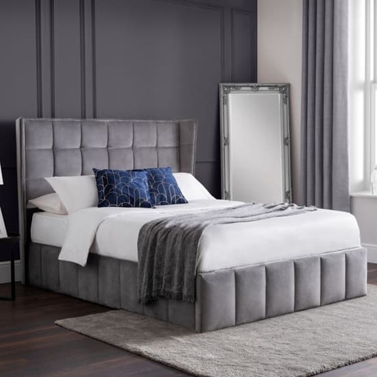 Gutersloh Velvet Double Bed With Storage In Light Grey_1