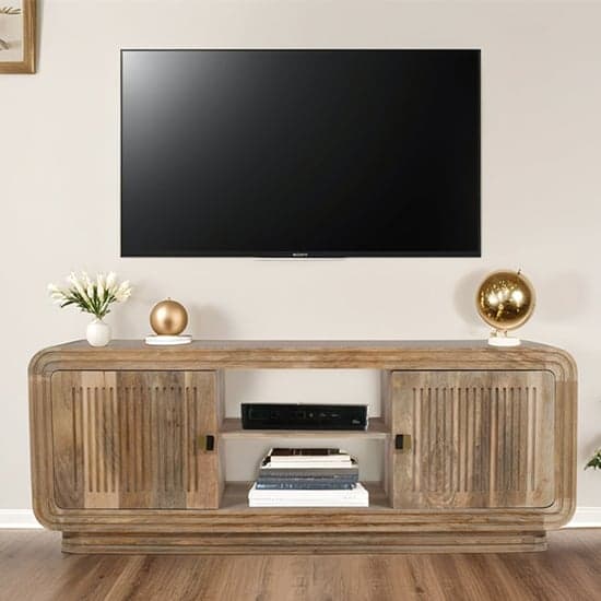 Hailey Carved Mango Wood TV Stand With 2 Doors In Natural Oak_1