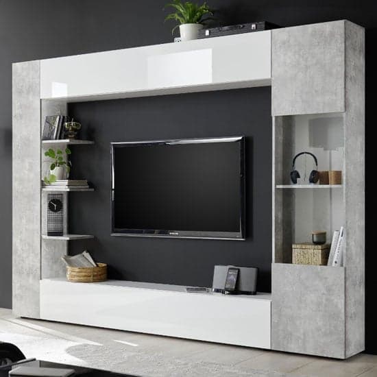 Halcyon White Gloss Large Entertainment Unit In Cement Effect_2