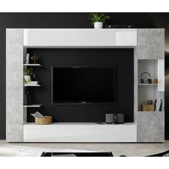 Halcyon White Gloss Large Entertainment Unit In Cement Effect_1