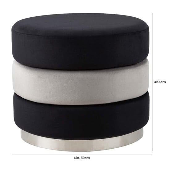 Halle Fabric Round Ottoman In Black And Grey With Chrome Base_3