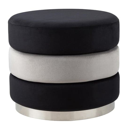 Halle Fabric Round Ottoman In Black And Grey With Chrome Base_2