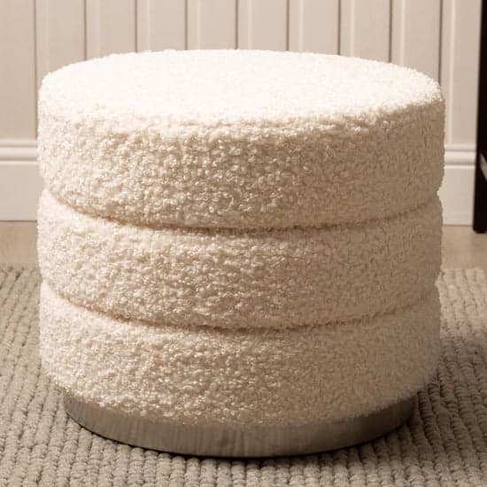 Halle Fabric Round Ottoman In White With Chrome Base_1
