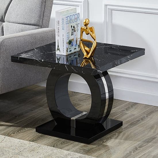 Halo High Gloss Lamp Table In Black And Milano Marble Effect