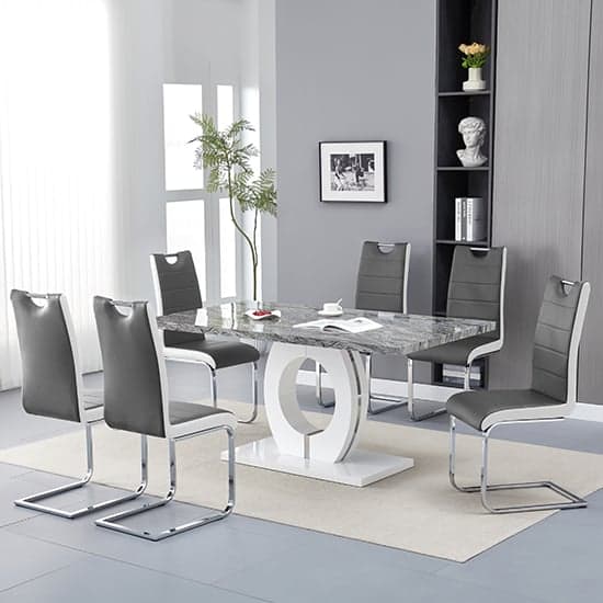 Halo Melange Marble Effect Dining Table 6 Petra Grey White Chairs_1