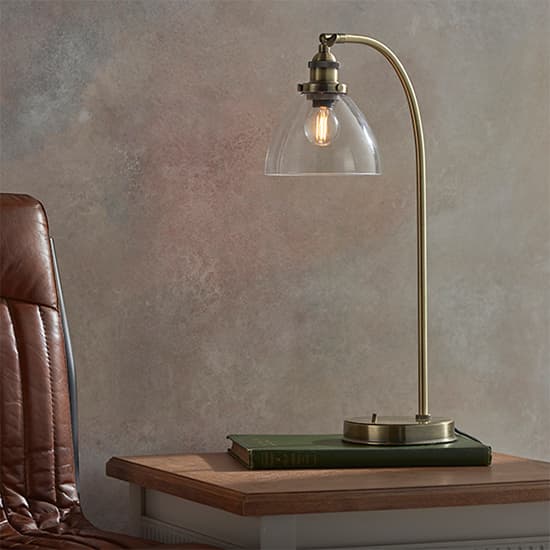 Hansen Clear Glass Shade Task Table Lamp In Antique Brass_3