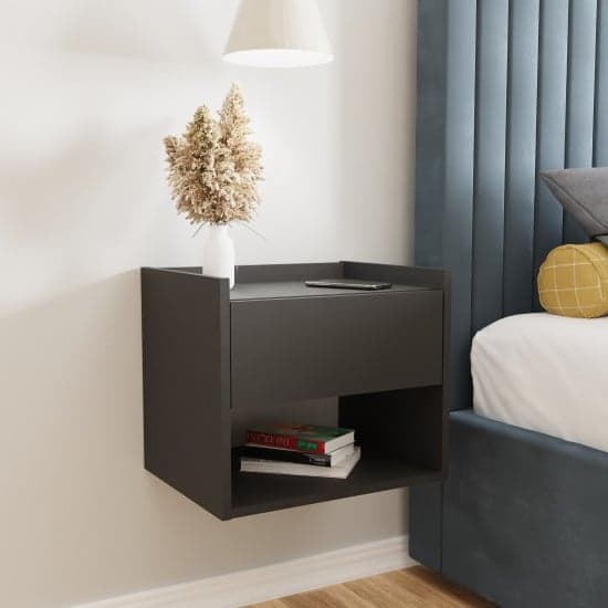Hever Wall Mounted Black Wooden Bedside Cabinets In Pair_1