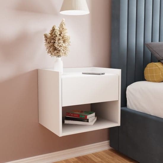 Hever Wall Mounted White Wooden Bedside Cabinets In Pair_1