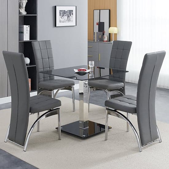 Hartley Black Glass Bistro Dining Table 4 Ravenna Grey Chairs_1