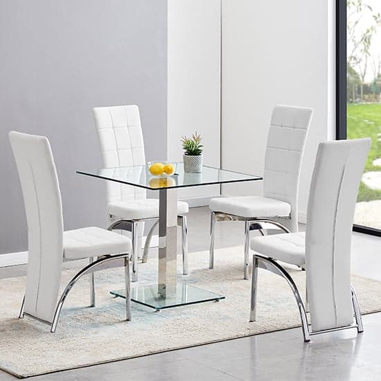 Hartley Clear Glass Dining Table With 4 Ravenna White Chairs_1