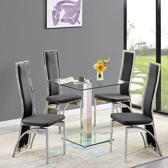 Hartley Clear Glass Dining Table With 4 Chicago Black Chairs