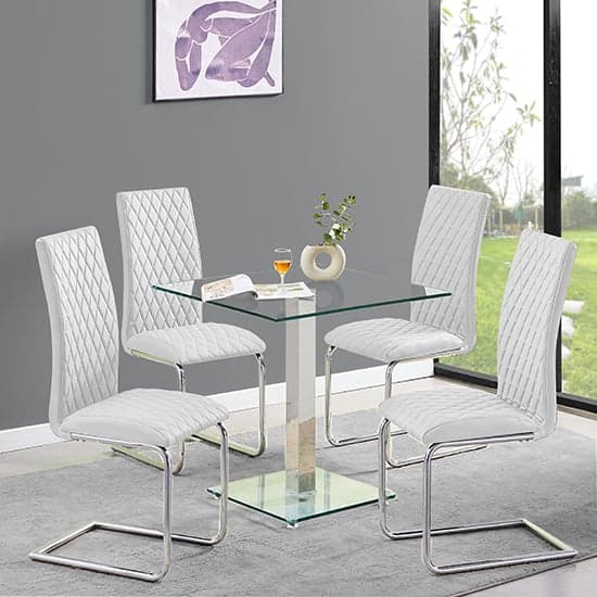 Hartley Clear Glass Dining Table With 4 Ronn White Chairs_1