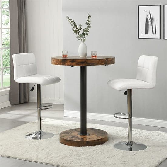 Havana Rustic Oak Wooden Bar Table With 2 Coco White Stools_1