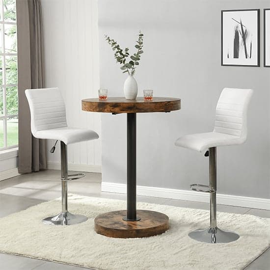 Havana Rustic Oak Wooden Bar Table With 2 Ripple White Stools_1
