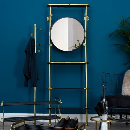 Hawkon Metal Coat Stand With Round Mirrror In Black And Brass_3
