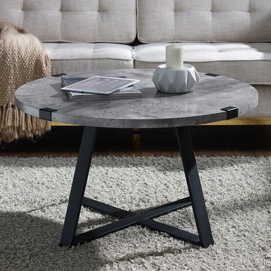 Helios Dark Concrete Effect Coffee Table Round With Black Frame