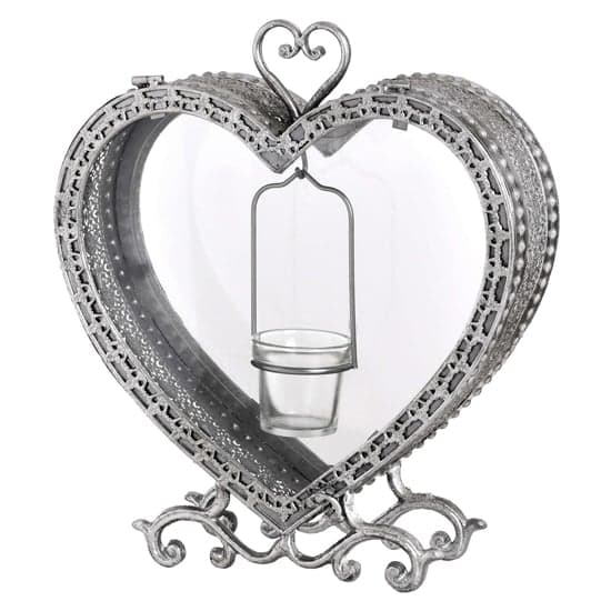 Hellene Free Standing Heart Tealight Lantern in Antique Silver_2