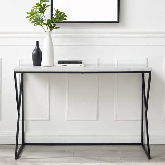 Helsinki White Marble Effect Console Table With Black Frame_2