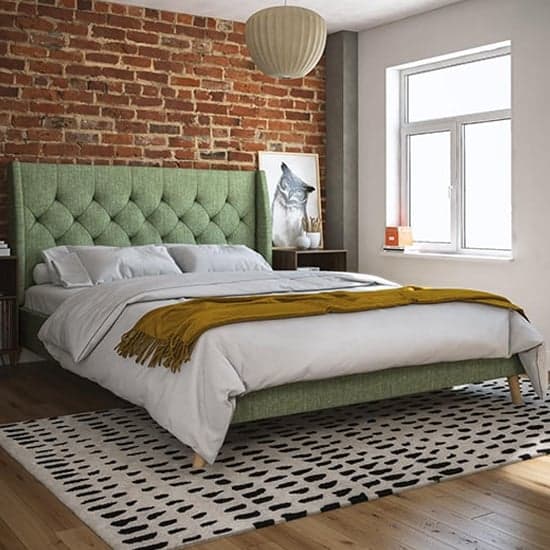 Heron Linen Fabric Double Bed In Green_1