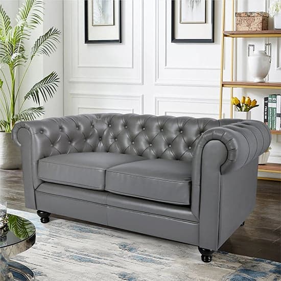 Hertford Chesterfield Faux Leather 2 Seater Sofa In Dark Grey_3