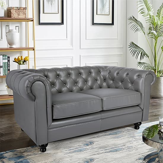 Hertford Chesterfield Faux Leather 2 Seater Sofa In Dark Grey_2