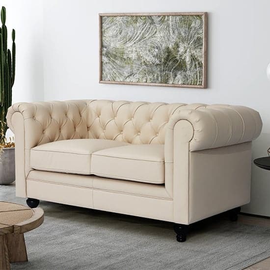 Hertford Chesterfield Faux Leather 2 Seater Sofa In Ivory_2