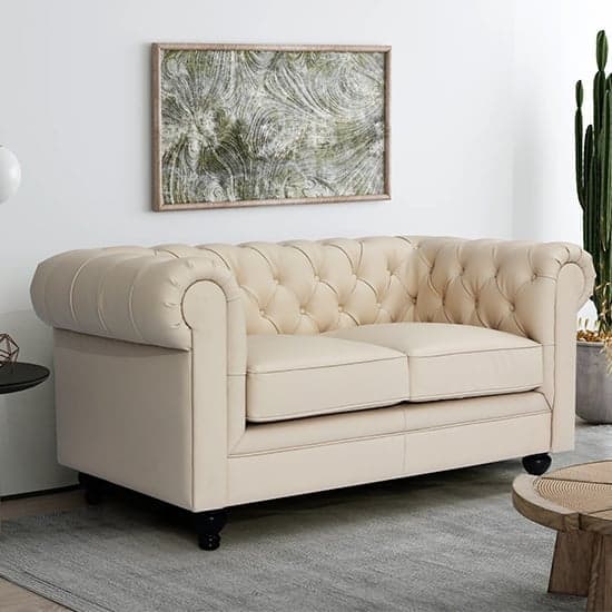 Hertford Chesterfield Faux Leather 2 Seater Sofa In Ivory
