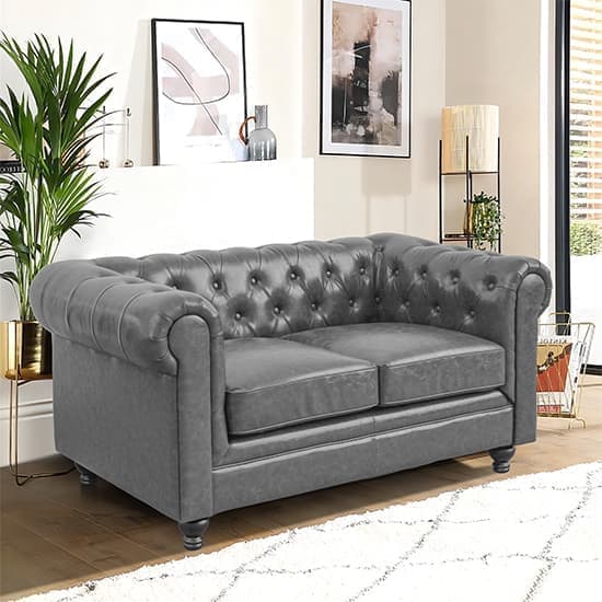 Hertford Chesterfield Faux Leather 2 Seater Sofa In Vintage Grey_2