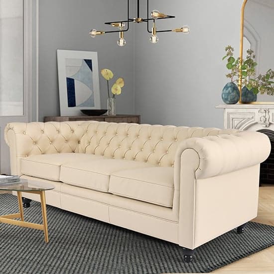 Hertford Chesterfield Faux Leather 3 Seater Sofa In Ivory_2