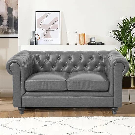 Hertford Chesterfield Faux Leather 2 Seater Sofa In Vintage Grey_1