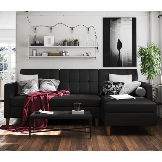 Hertford Faux Leather Sectional Sofa Bed With Storage In Black