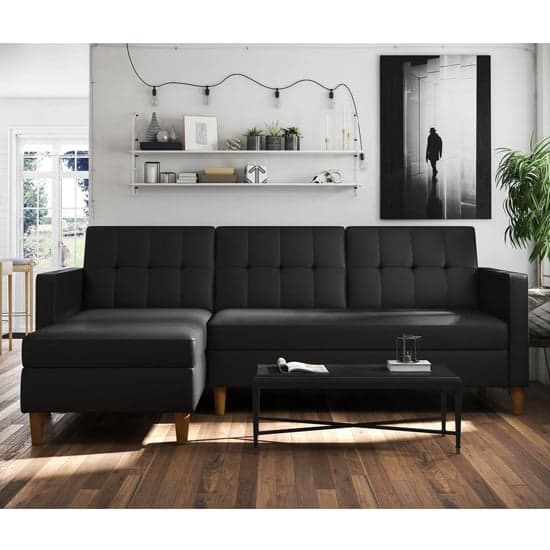 Hertford Faux Leather Sectional Sofa Bed With Storage In Black_3