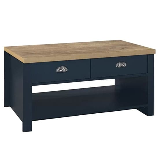 Highland Wooden Coffee Table With 2 Drawers In Blue And Oak_2