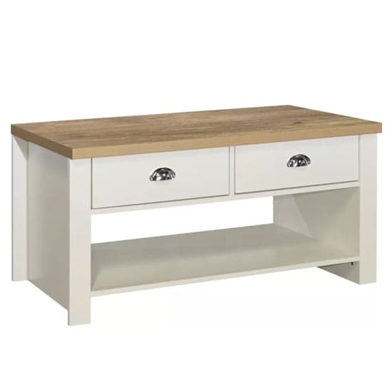 Highland Wooden Coffee Table With 2 Drawers In Cream And Oak_2