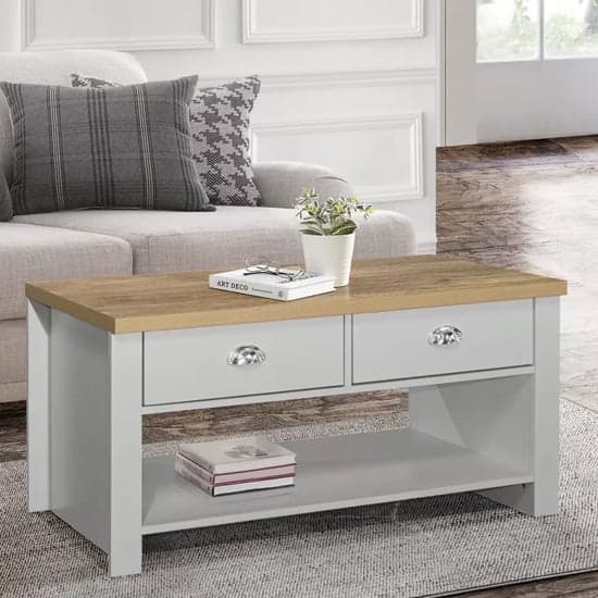 Highland Wooden Coffee Table With 2 Drawers In Grey And Oak_1