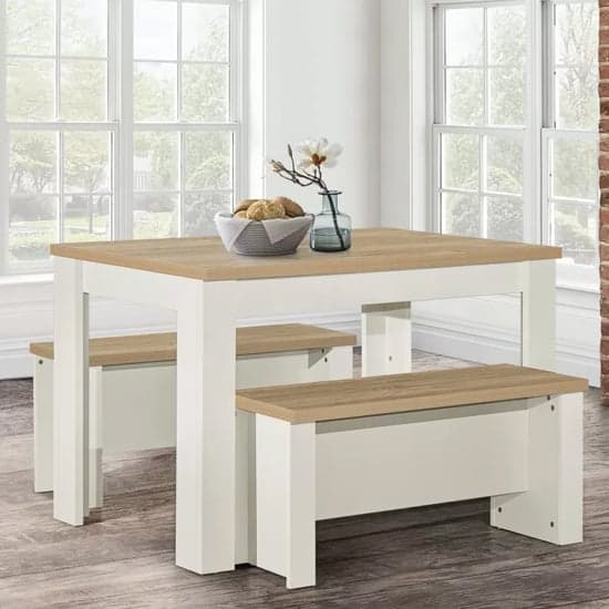 Highland Wooden Dining Table And 2 Benches In Cream And Oak_1