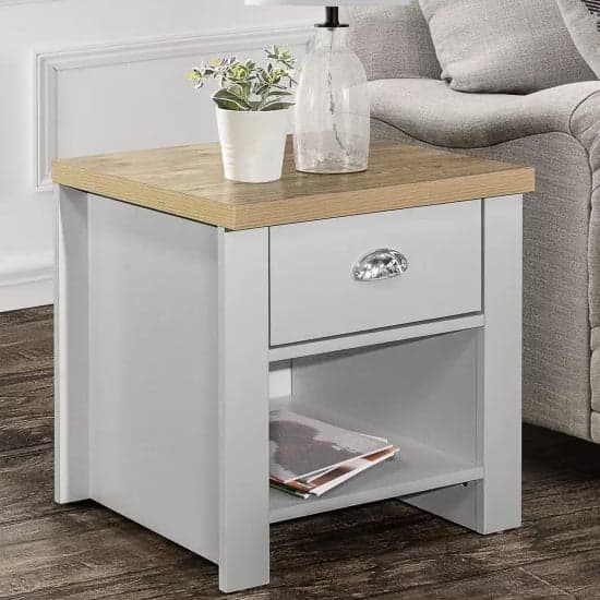 Highland Wooden Lamp Table With 1 Drawer In Grey And Oak