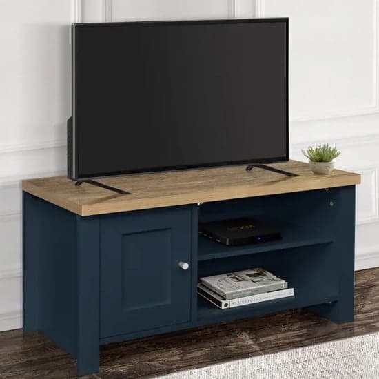 Highland Wooden TV Stand With 1 Door In Navy Blue And Oak