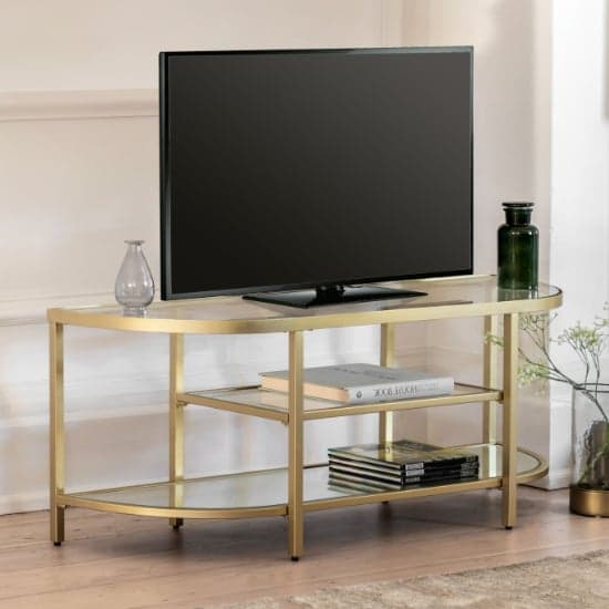 Hobson Clear Glass TV Stand With Champagne Frame