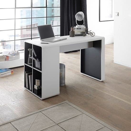 Houston Computer Desk In White And Anthracite With Shelving