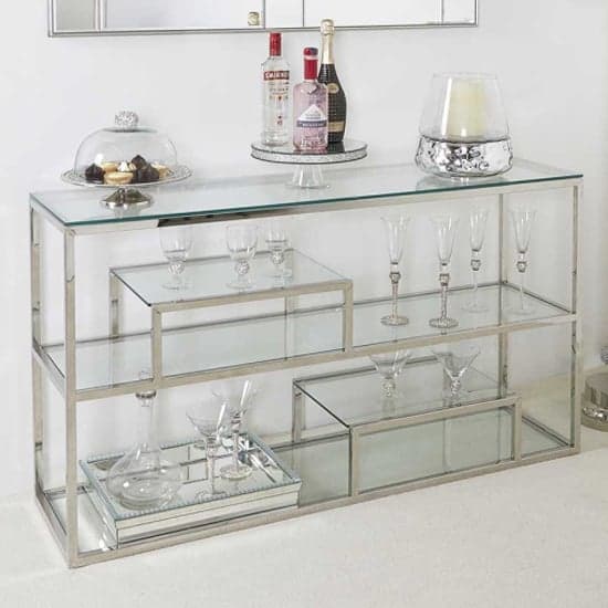 Huron Clear Glass Console Table With 3 Shelves In Silver Frame_1