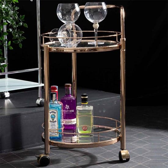 Huron Drinks Trolley Round With Glass Shelves In Rose Gold_1