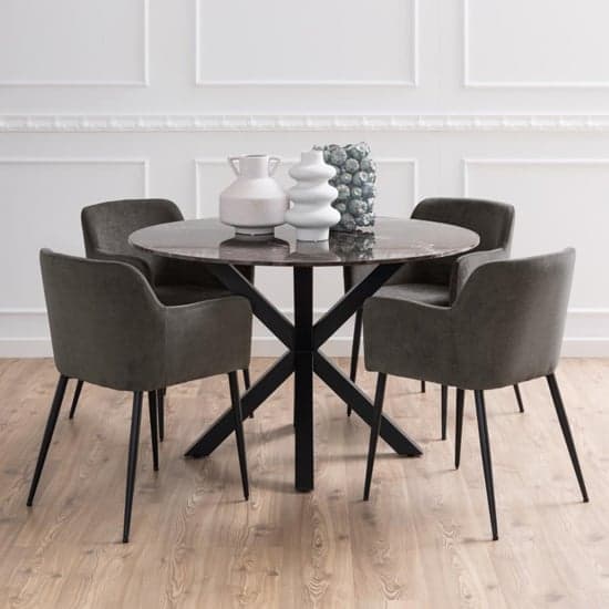 Hyeres Marble Dining Table Round In Brown With Matt Black Legs_5