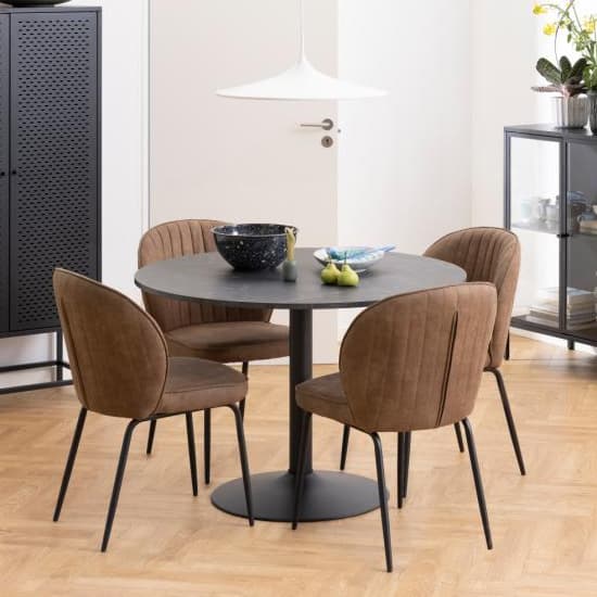 Ibika Round Wooden Dining Table In Matt Black Marble Effect_3