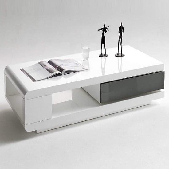 IDA Coffee Table In White High Gloss With Grey Rotating Drawer