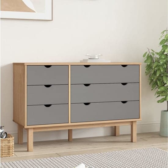 Ieva Solid Pine Wood Wide Chest Of 6 Drawers In Brown And Grey_1