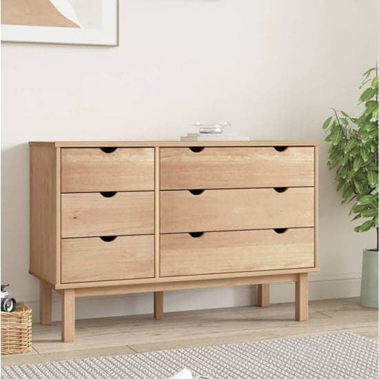 Ieva Solid Pine Wood Wide Chest Of 6 Drawers In Brown_1