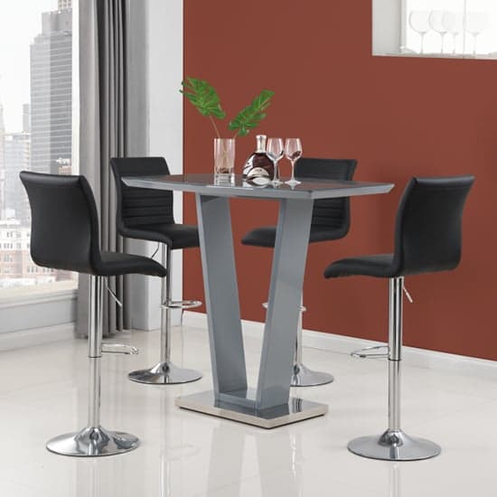 Ilko Grey High Gloss Bar Table With 4 Ripple Black Stools Furniture