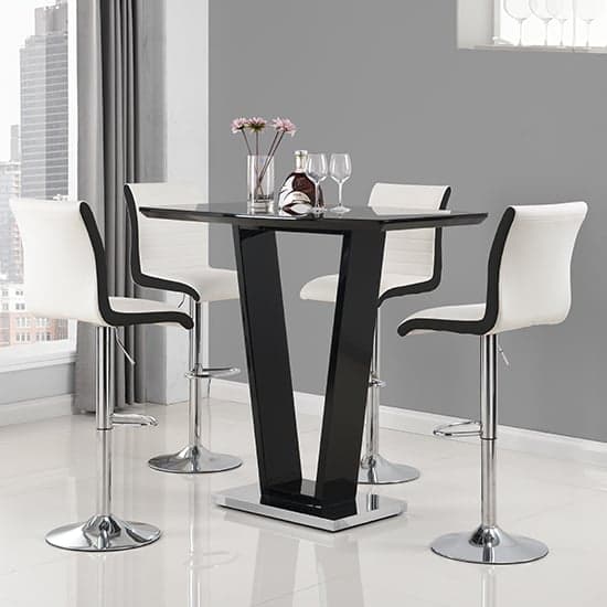 Ilko Black High Gloss Bar Table With 4 Ritz White Black Stools_1
