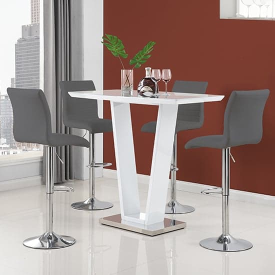 Ilko White High Gloss Bar Table With 4 Ripple Grey Stools Furniture